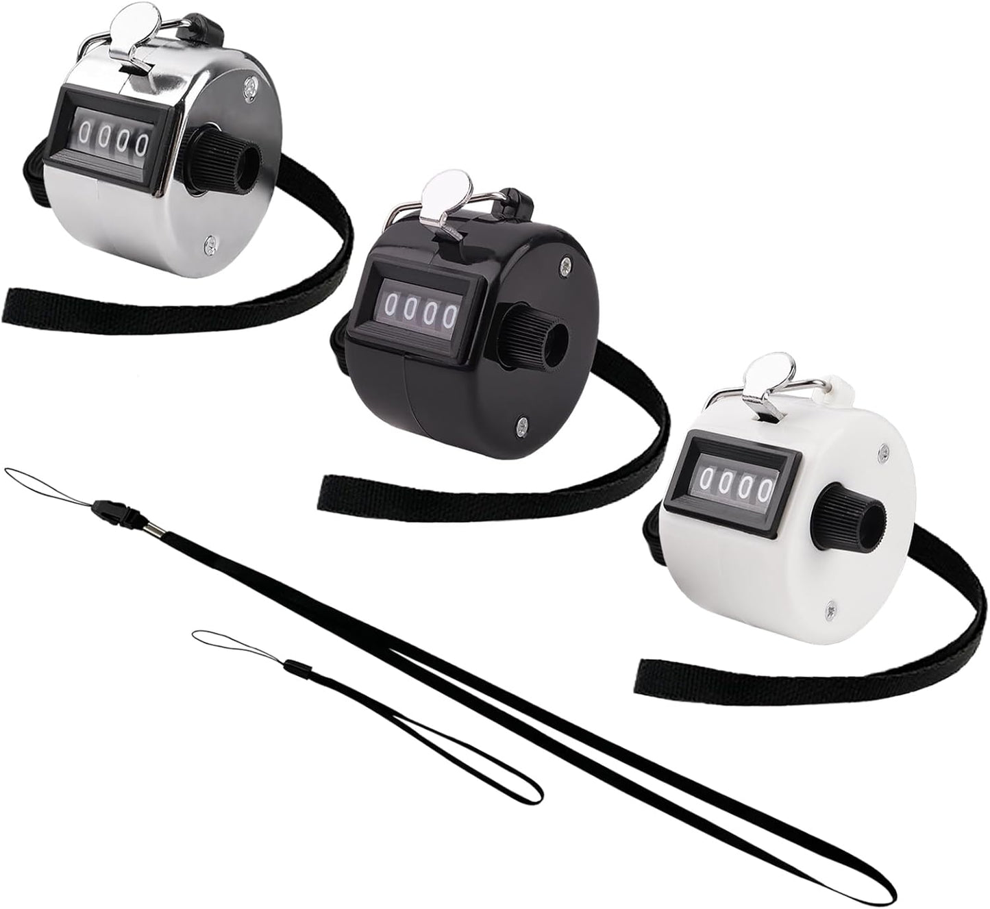 3 Pack Hand Tally Clicker Counter 4 Digit Display Mechanical Palm with Metal Finger Ring for Coaching, Knitting, Lap, Fishing, Golf and Row Sport with 2-Nylon Lanyard (Black White Silver)