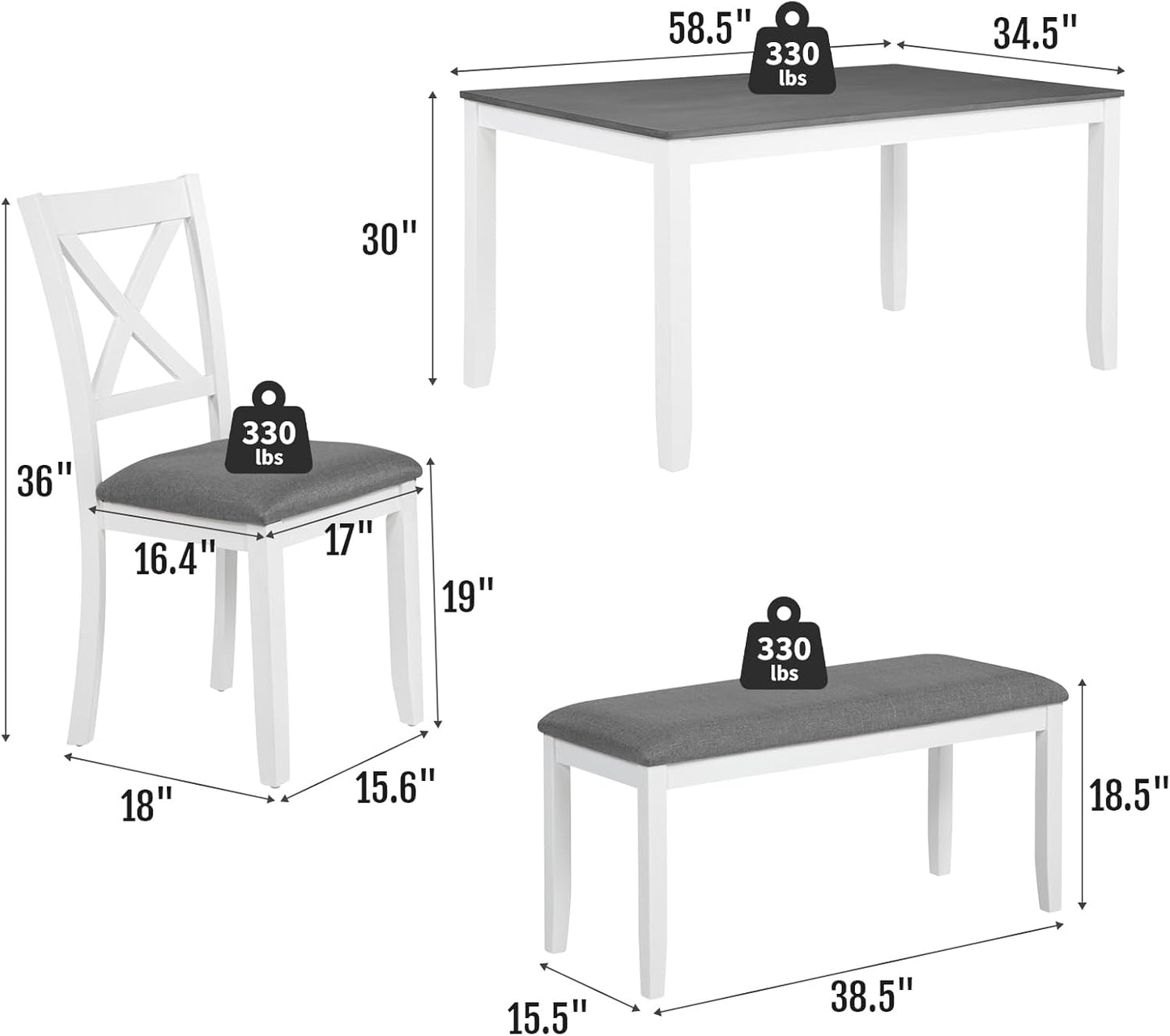 6-Piece Solid Wood Dining Table Set, Including 1 Dining Table, 4 Upholstered Chairs and 1 Bench, Wooden Legs Dining Table Set for Dining Room, Kitchen, Restaurant, White