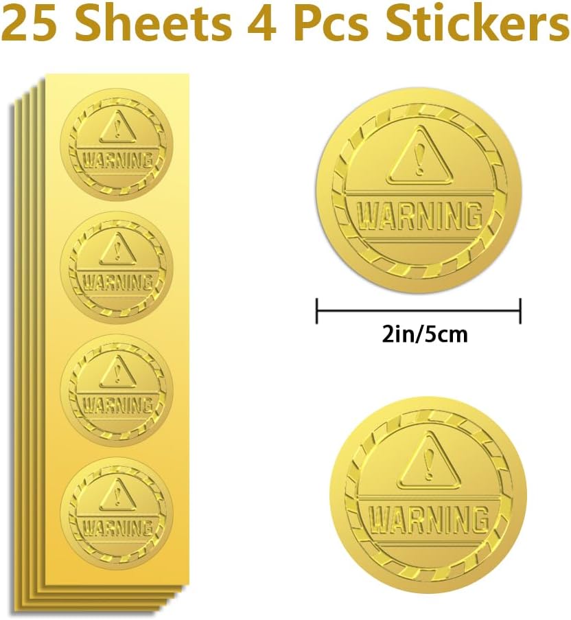 Peacoblue Gold Foil Sticker Seal Embossed 2 Inch 100Pcs Warning, Self Adhesive Gold Around Embossing Medal Sticker for Warning Caution Notice Prohibit Tampering Marking Certificate Paper Envelope Seal