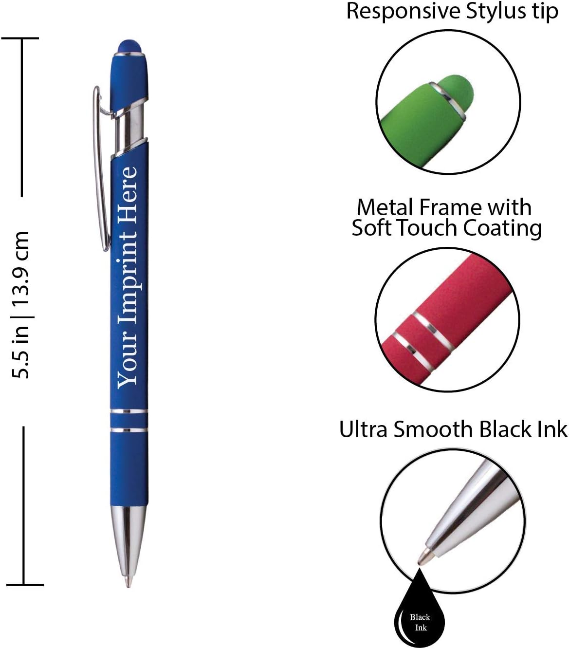 ExpressDesigns™ - Premium Custom Pens with Stylus | Burst of Color | Personalized Soft Touch Metal Printed Name Pens w/Black Ink - Imprinted w/Logo or Message - 12 pcs/pack (Dark Blue)