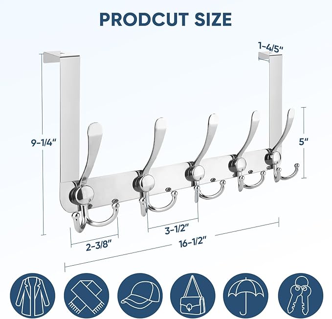 TICONN Over The Door Hooks, 5 Heavy Duty Tri Coat Rack All Metal Coat Hanger for Bathroom Bedroom Dorm (Chrome, 1PK, Fit 1-3/4" Doors)