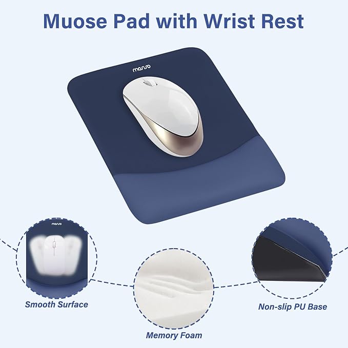 MOSISO Wrist Rest Support for Mouse Pad&Keyboard Set, Rectangular Ergonomic Mousepad Non-Slip Base Home/Office Pain Relief&Easy Typing Pad with Neoprene Cloth&Raised Silicone Lining, Navy Blue