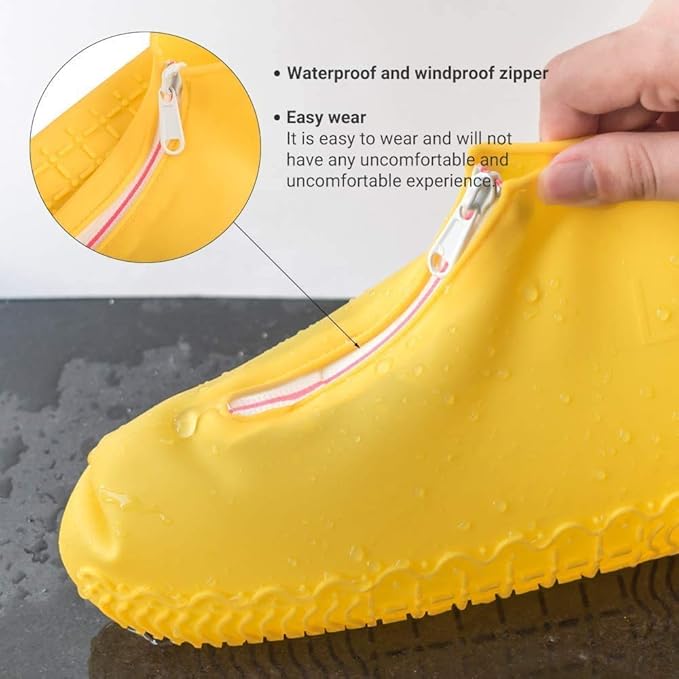Waterproof Shoe Covers, Silicone Reusable Shoe Cover Non-slip Durable Zipper Elastic Rain Cover Protection for Men Women (L (Women 7.5-10.5, Men 6.5-9), Yellow)