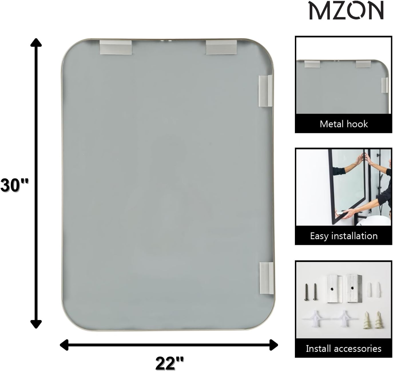 MZON 22x30Inch Brushed Nickel Bathroom Mirror, Rectangle Wall Mounted Mirror for Bathroom or Entryway, Anti-Rust Frame & Tempered Glass, Hangs Horizontally/Vertically - Farmhouse or Bathroom Decor