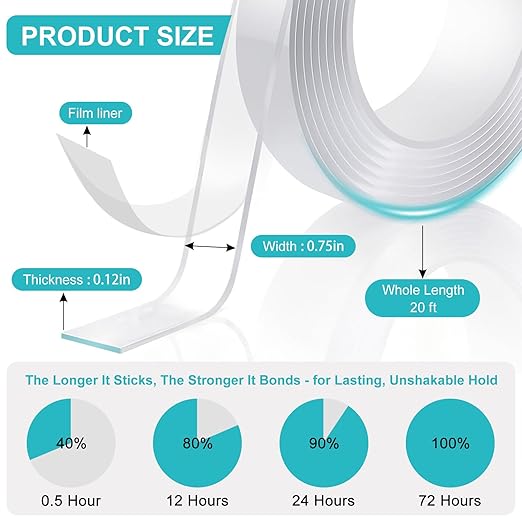 Double Sided Tape Heavy Duty 0.75in×20ft, Nano Tape Double Sided, Removable Traceless Two Sided Adhesive Tape, Clear Mounting Tape Double Sided Tape for Walls, Hanging Picture,Poster,Carpet