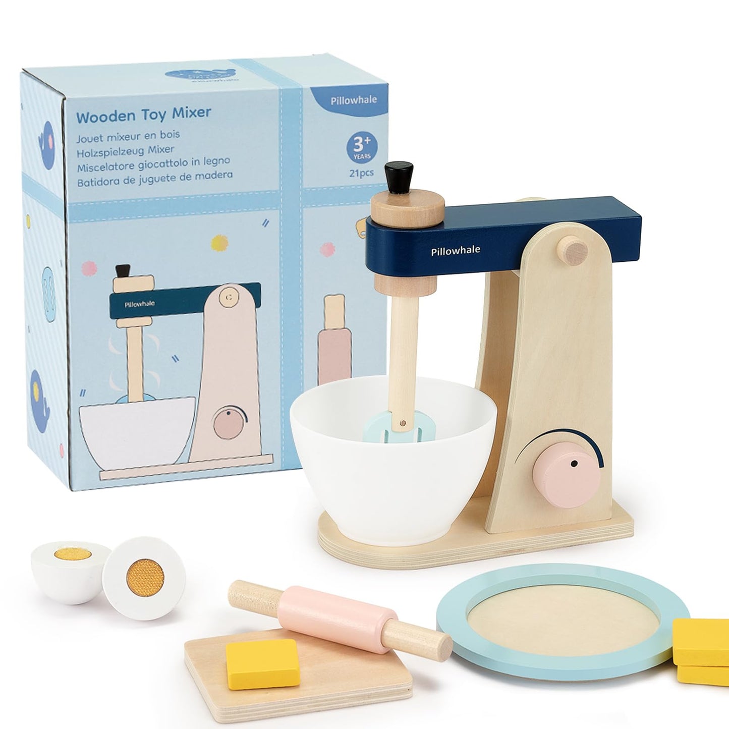 Pillowhale Wooden Kitchen Toys Mixer for Toddlers Age 3+ - 21pcs Montessori Pretend Play Baking Set with Bowl & Rolling Pin, Toy Kitchen Accessories Gift for Girls Boys