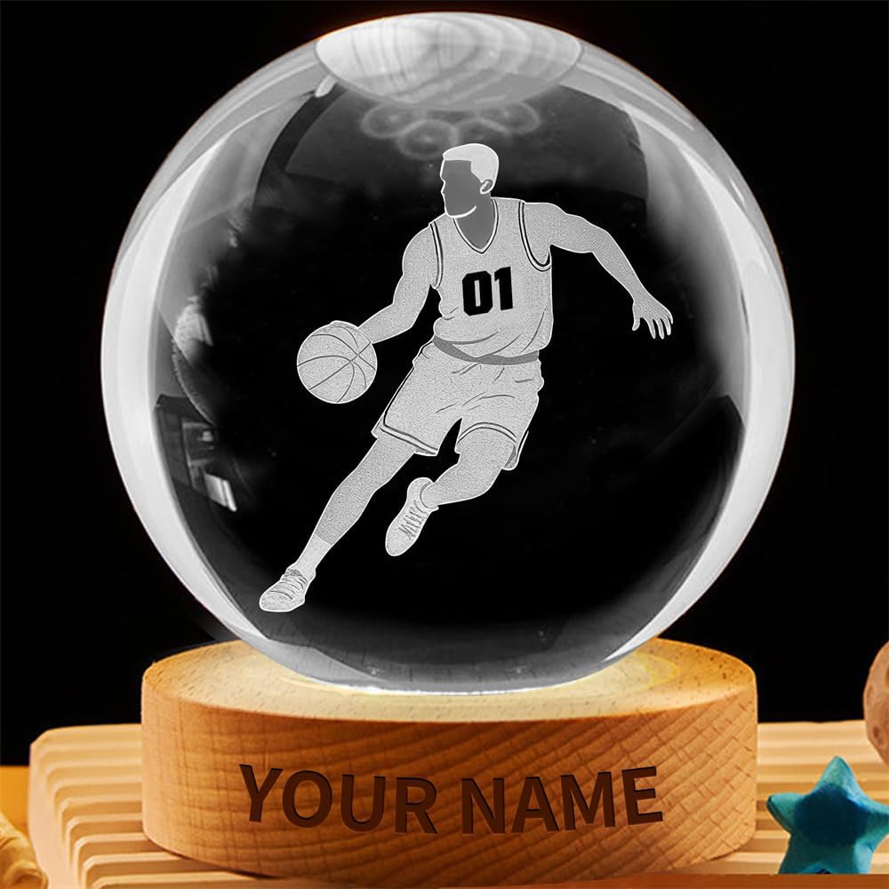 Personalized Basketball Crystal Night Light Gift for Men Women, Custom Name/Number Basketball Player 3D Crystal Ball Night Light Lamp for Bedroom Room Sports Decor Party Bar Christmas Birthday Gift