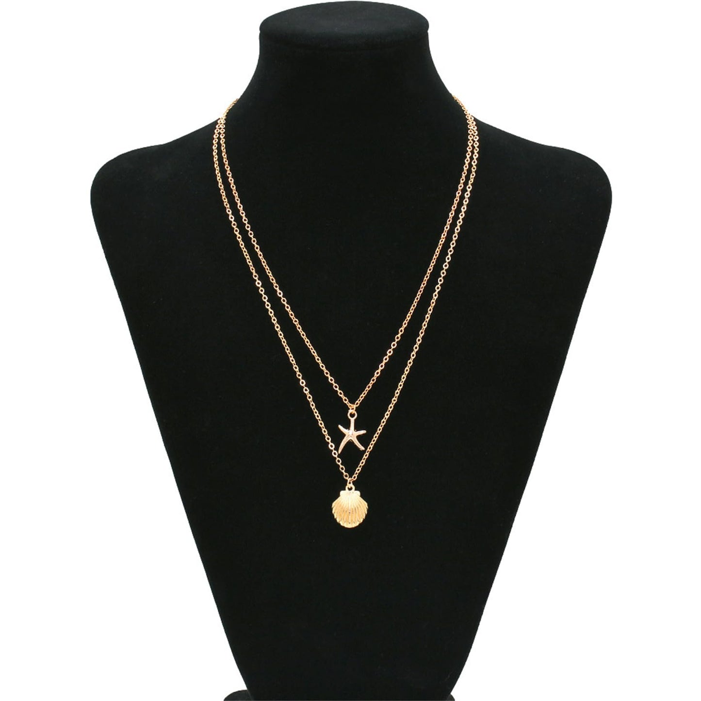 Boho Starfish Seashell Layered Necklace Gold Silver Plated Dainty Charm Double Layer Sea Shell Lucky Stars Ocean Animal Chain Necklace for Women Hawaiian Summer Beach Vacation Jewelry Gifts (Gold)