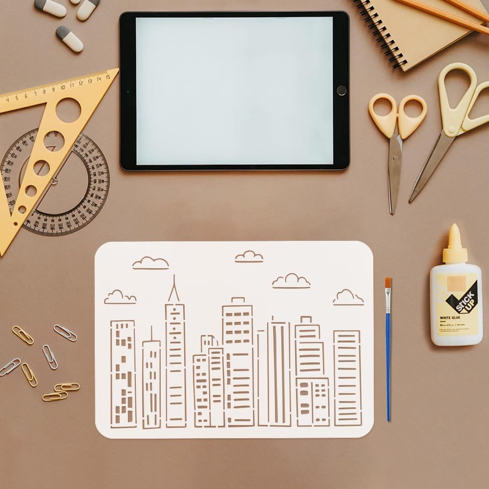 FINGERINSPIRE Cartoon Graffiti Skyline Stencil with Paint Brush 8.3x11.7inch Cartoon Cityscape Template City Buildings Pattern Painting Stencil Cityscape Skyline Template for Painting on Wood Wall