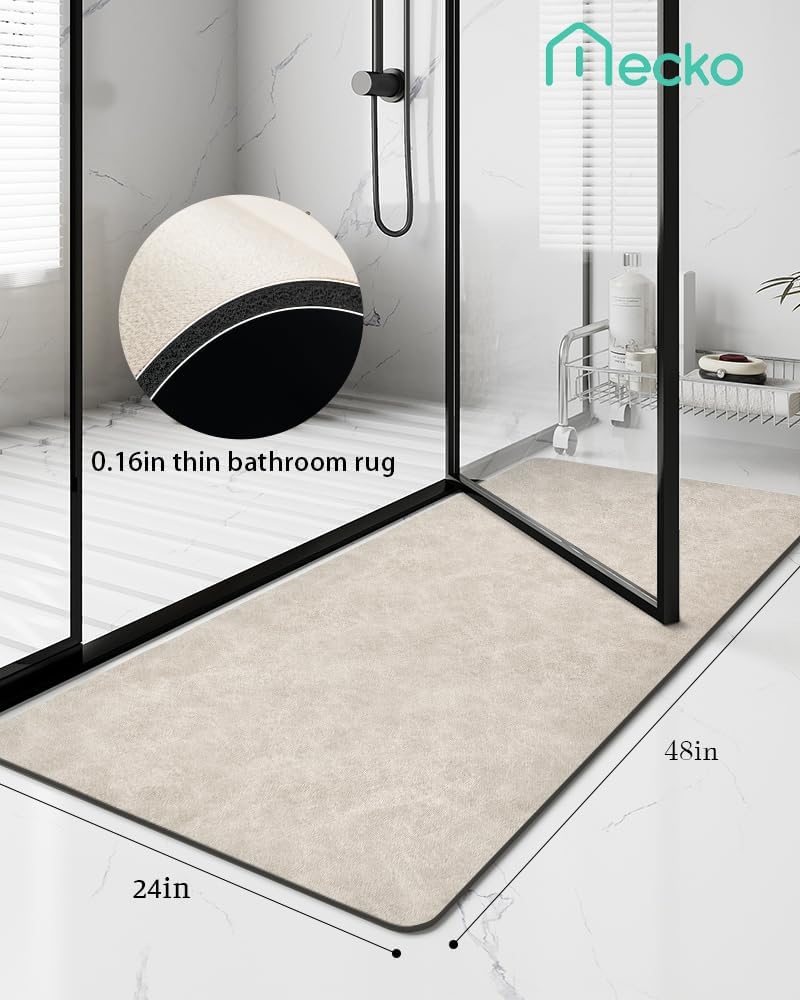 Bath Mat Rug, Rubber Non-Slip Quick Dry Absorbent Thin Bathroom Rugs Fit Under Door Bathroom Floor Mats-Shower Rug for in Front of Bathtub, Sink, Shower Room(Light Brown,24"x48")