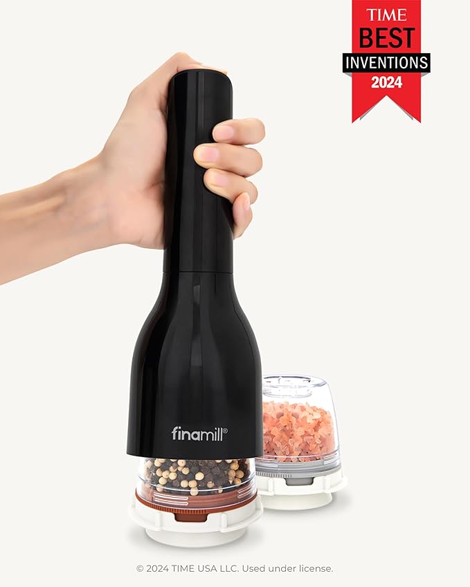 FinaMill Classic Battery Spice Mill – Battery Operated Salt and Pepper Grinder Set, Includes 2 Interchangeable Spice Pods, Adjustable Coarseness, Ceramic Grinder, LED Light, Kitchen Gifts for Women