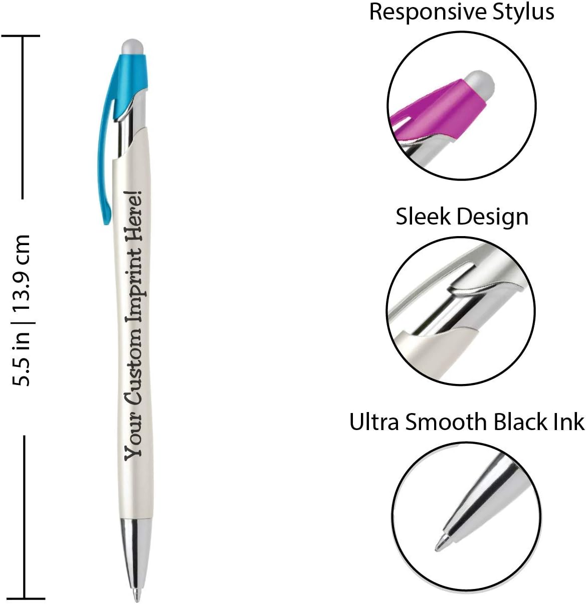 ExpressDesigns™ - Custom Pens with Stylus - The Pearl - Personalized Metallic Printed Name Pens with Black Ink - Imprinted with Logo or Message - Great Gift Ideas - 12 pack (Aqua)