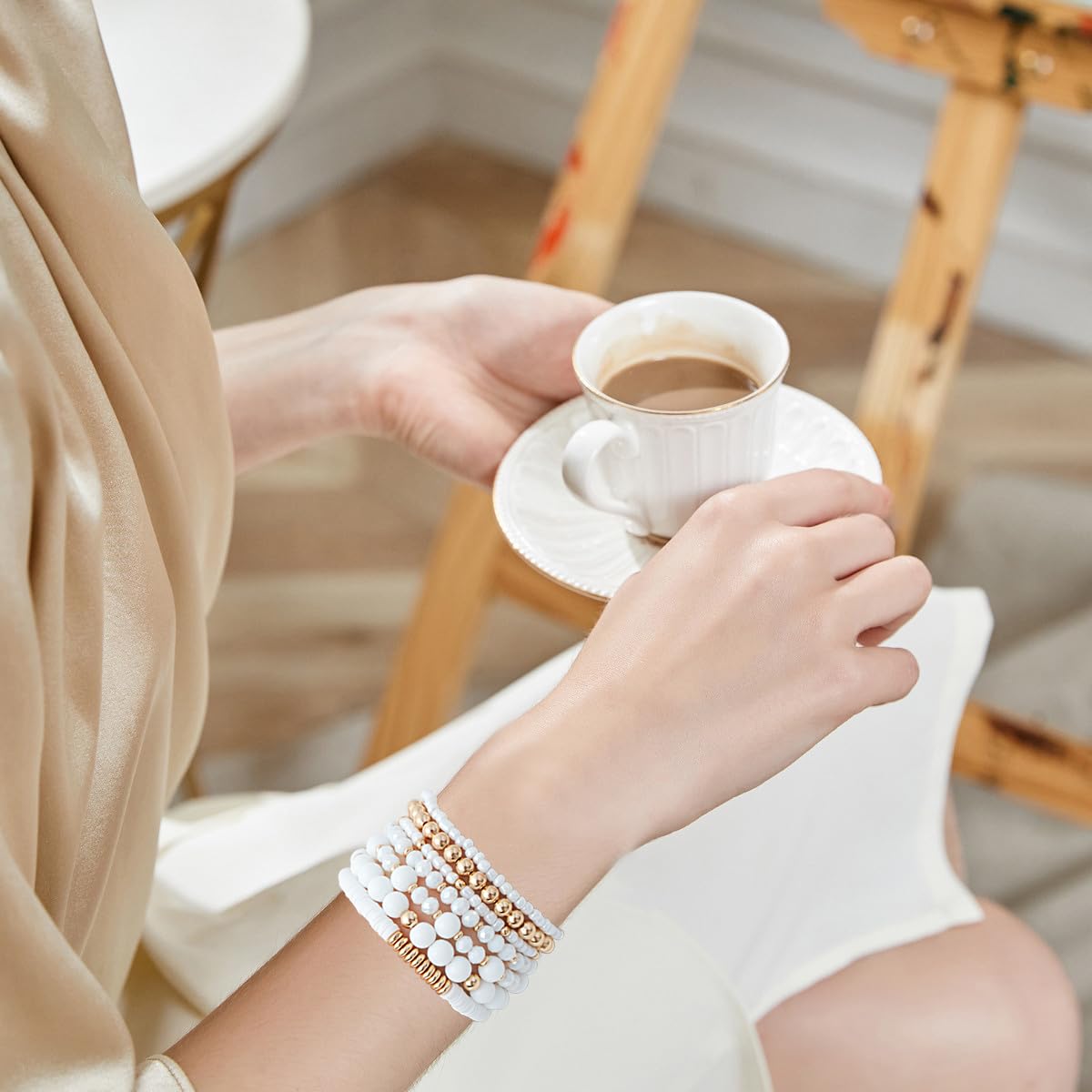 GOOJIDS White Surfer Heishi Clay Bead Bracelets for Women Bohemian Stackable Gold Plated Beaded Stretch Bracelets Elastic Layering Friendship Bracelets Set Boho Jewelry