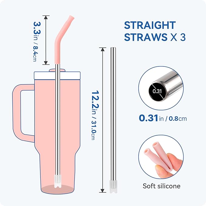 Reusable Metal Straws with Silicone Tip for Stanley 40oz,Stainless Steel Drinking Straws for 40oz Tumbler,3 Straight Tubes & 6 Tips& 1 Cleanr Brush(Dried Pine)
