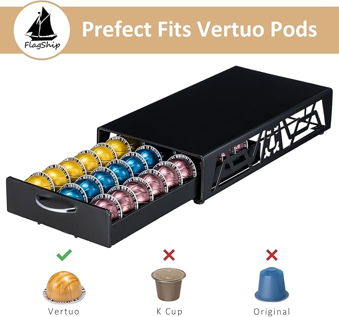 FlagShip Vertuo Pod Drawer Modern Black Metal Coffee Capsule Organizer & Space-Saving for Nespresso Pod Holder Coffee Machine Stand(30 Vertuo Pods Capacity)