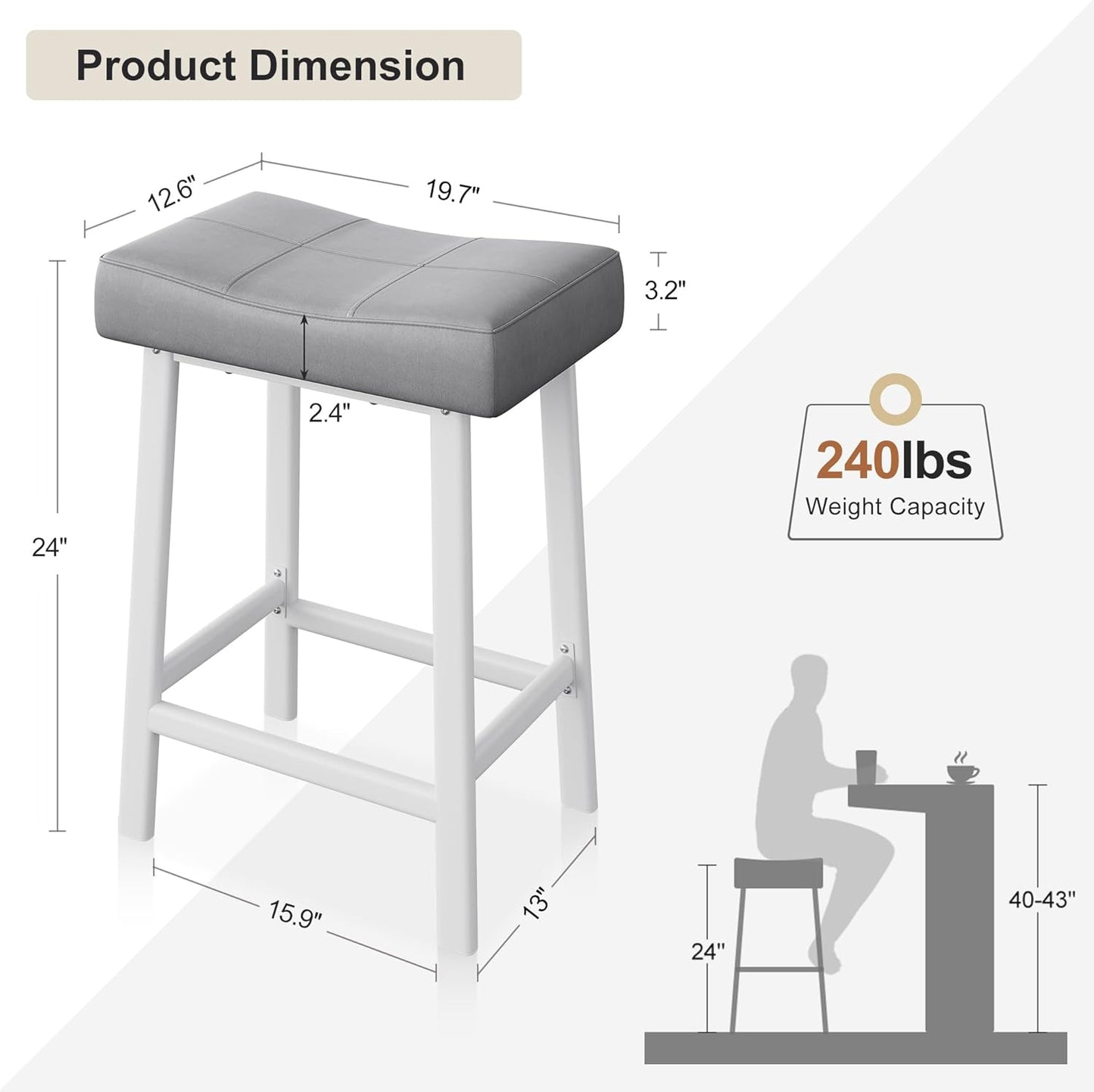 GarveeHome Counter Height Bar Stools Set of 2, 24 Inch Barstools for Kitchen Island Counter, Upholstered Padded Barstools with Curved Surface, Easy Assembly, Grey