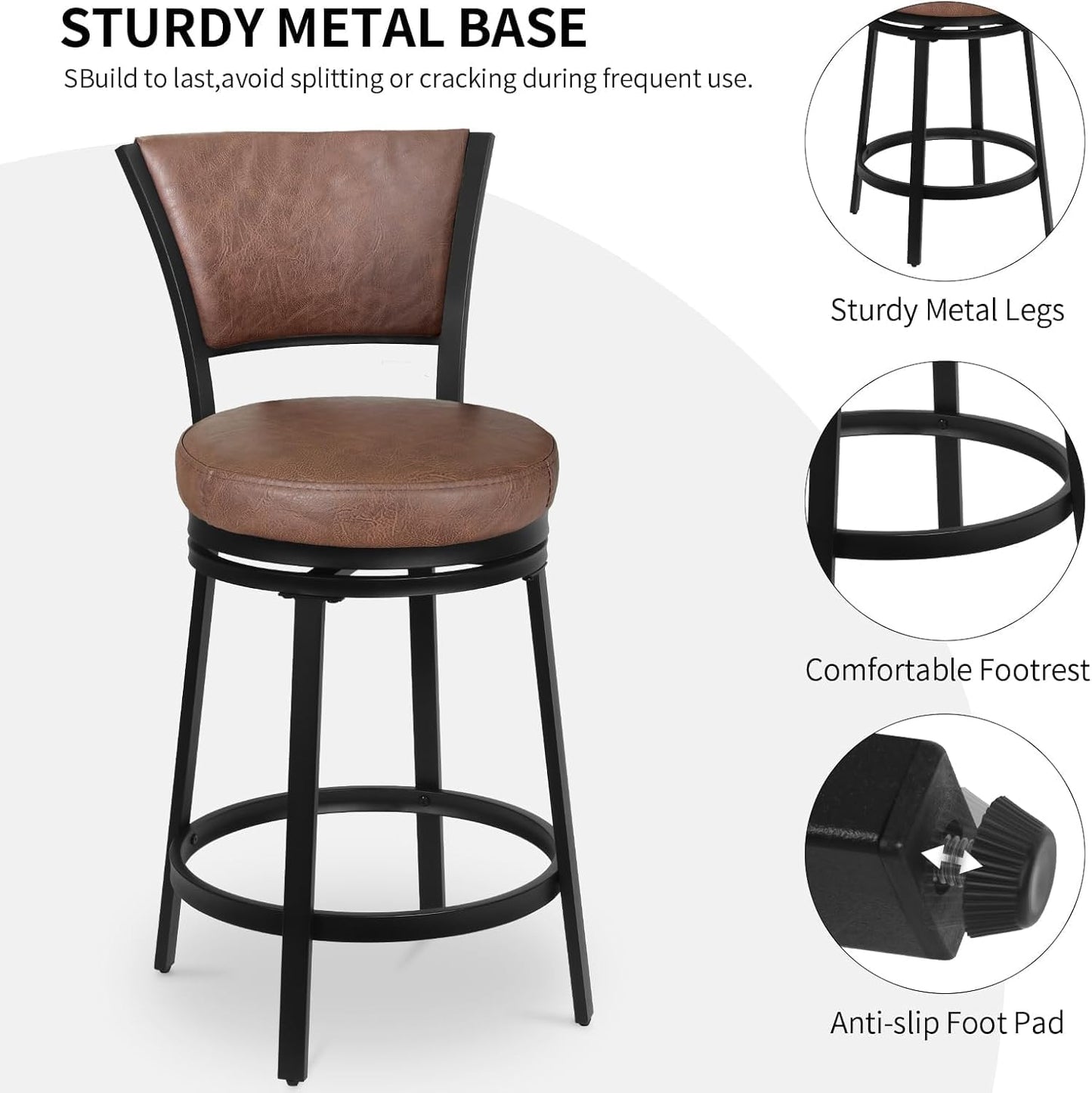 Bar Stools Set of 2, 25 Inch Metal Counter Height Bar Chairs, Modern Faux Leather 360° Round Swivel Barstools with Back, Counter Stools for Kitchen Island, Pub, Brown