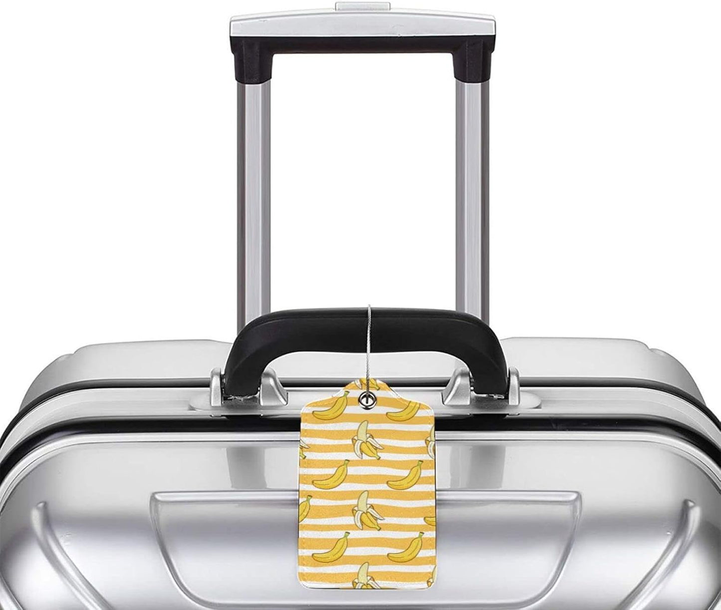 2 Packs Bananas Crew Luggage Tag for Adult Kids, Cute Yellow Background Fruit Suitcase Tag Labels Leather Travel Baggage Identifiers Tags with Full Back Privacy Name ID Card