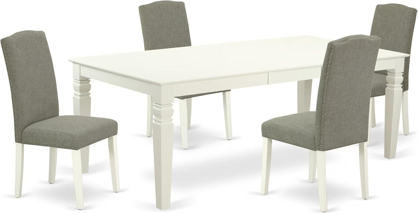 East West Furniture LGEN5-LWH-06 5 Piece Dining Set Includes a Rectangle Dining Room Table with Butterfly Leaf and 4 Dark Shitake Linen Fabric Upholstered Chairs, 42x84 Inch, Linen White