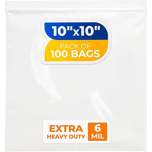 10" x 10" Medium Zip Seal Lock Bags, 6 Mil (Pack of 100) – Heavy-Duty Reclosable Plastic Bags – Clear, Resealable, Waterproof – For Storing and Organizing Clothes, Jewelry, and Travel Items