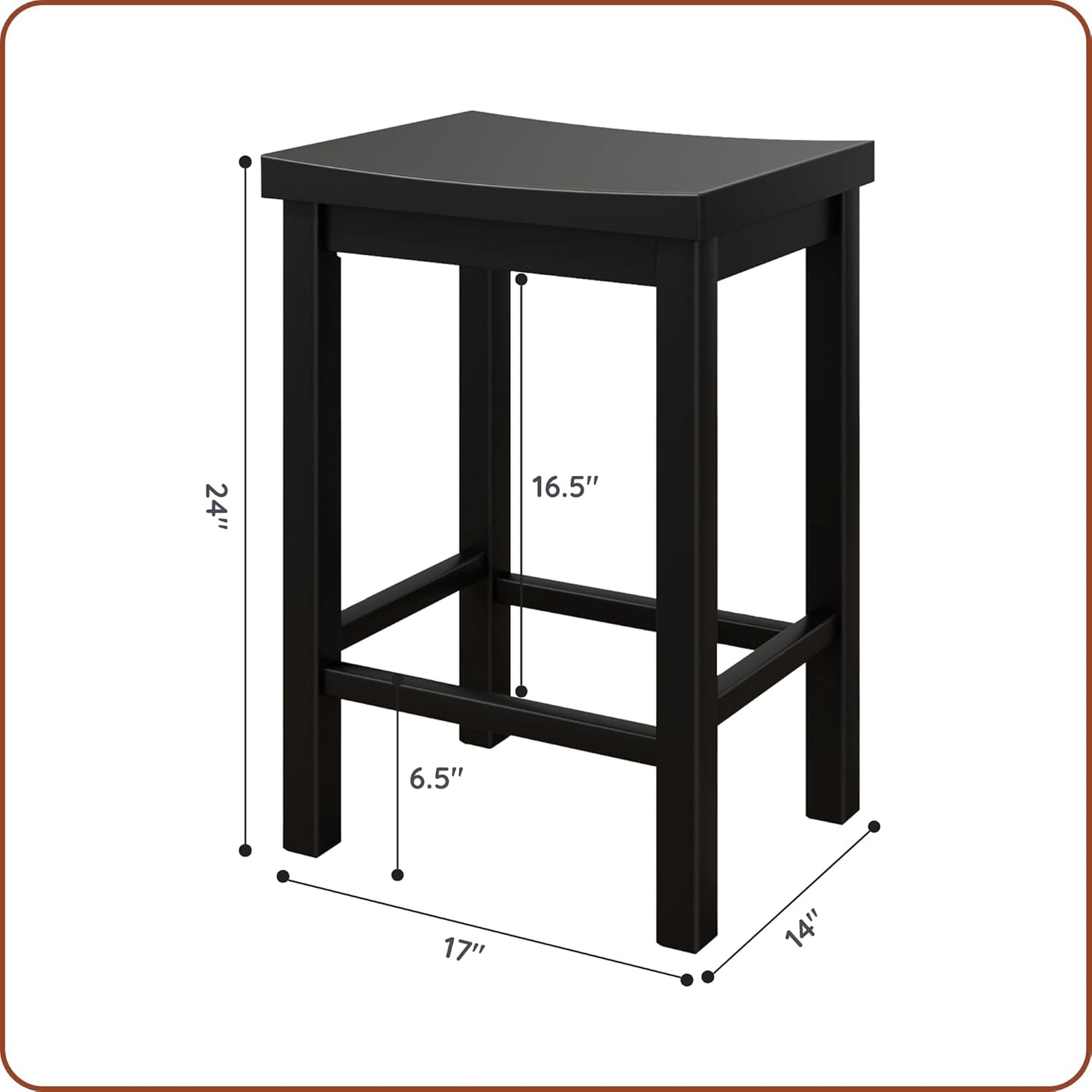 Grain & Grove Smith Collection Set of 2 Solid Wood Counter Height Bar Stools, 24-Inch Saddle Seat Backless Stools, Ideal for Kitchen Island, Dining, or Home Bar Seating, Black