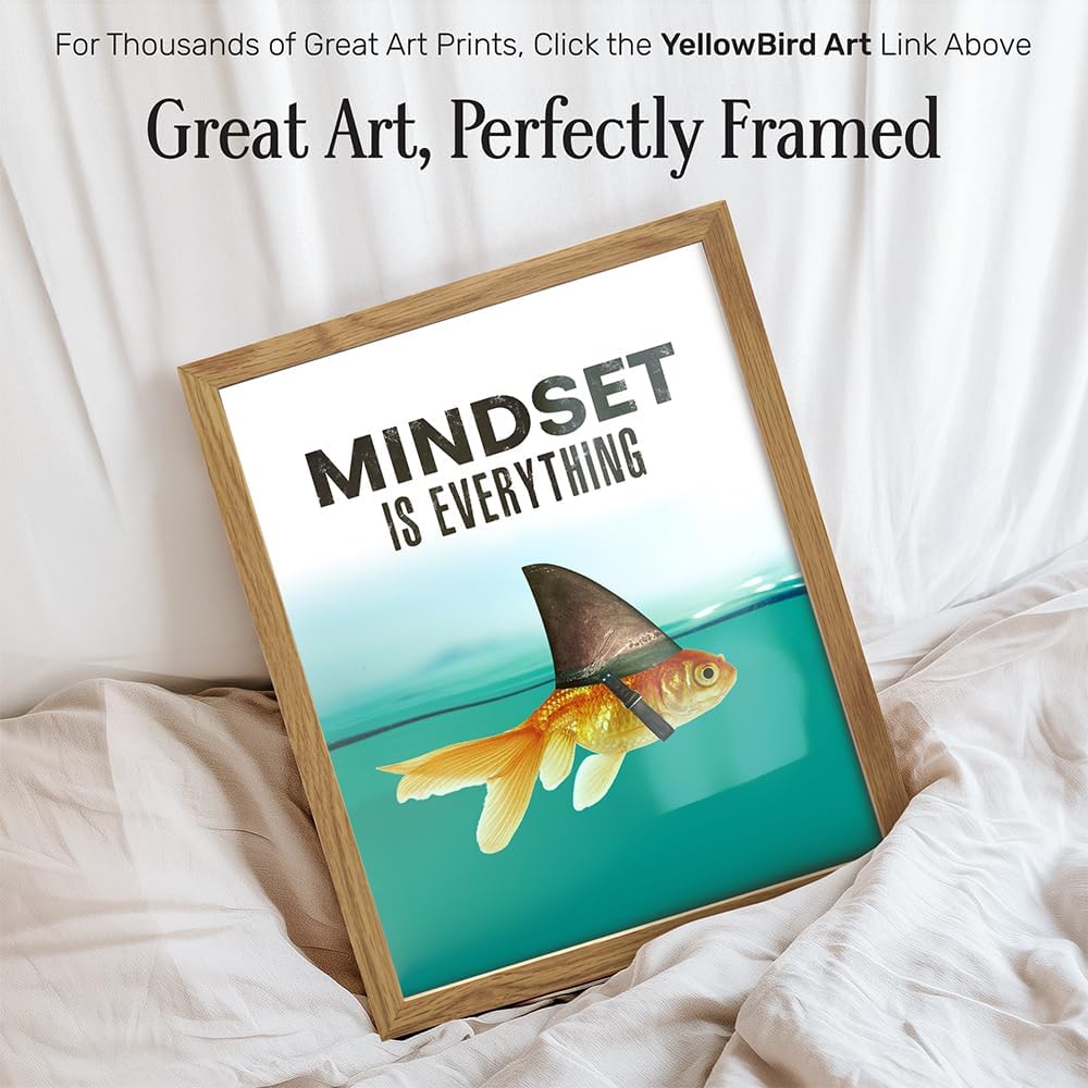 Mindset is Everything FRAMED - Motivational Wall Art Poster for Home, Office - Gift for Entrepreneur, Student, Men - Inspirational Decor - Uplifting Self-Improvement Positive Quote - Shark Goldfish