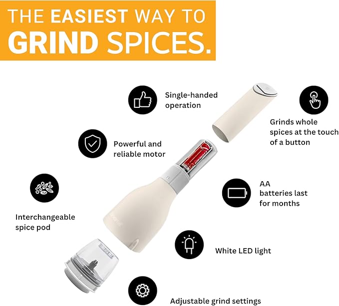 FinaMill Classic Battery Spice Mill – Battery Operated Salt and Pepper Grinder Set, Includes 2 Interchangeable Spice Pods, Adjustable Coarseness, Ceramic Grinder, LED Light, Kitchen Gifts for Women