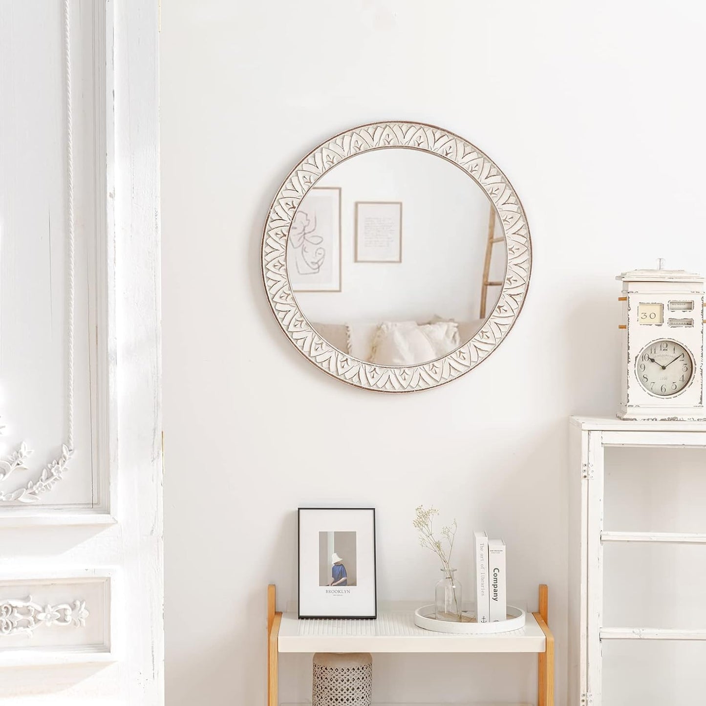 24" Round Mirror Farmhouse Wooden Frame Circle Mirrors, Rustic Decorative Distressed Wall Mounted Mirror for Bathroom, Bedroom, Living Room, Entryway, Fireplace, Hall