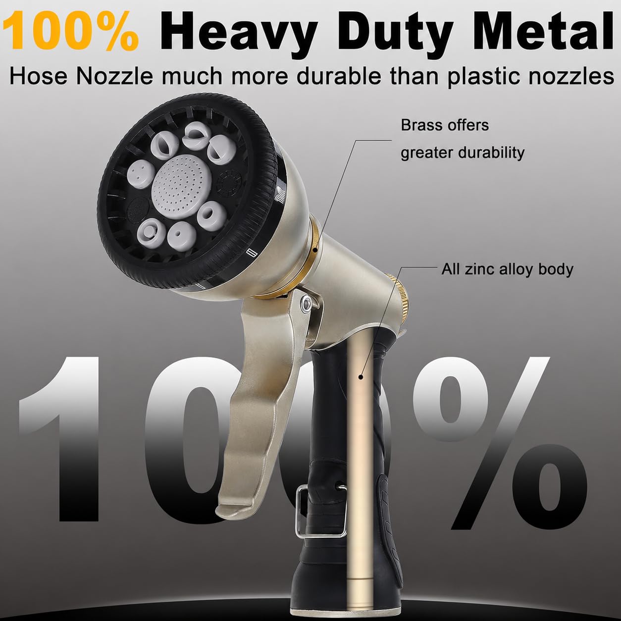 Garden Hose Nozzles 9 Adjustable Patterns Hose Spray Nozzle Heavy Duty Metal Hose Nozzle Spray Slip Resistant Water Sprayer for Cleaning/Watering Lawn Garden/Pets Shower/Car Washing (Gray)