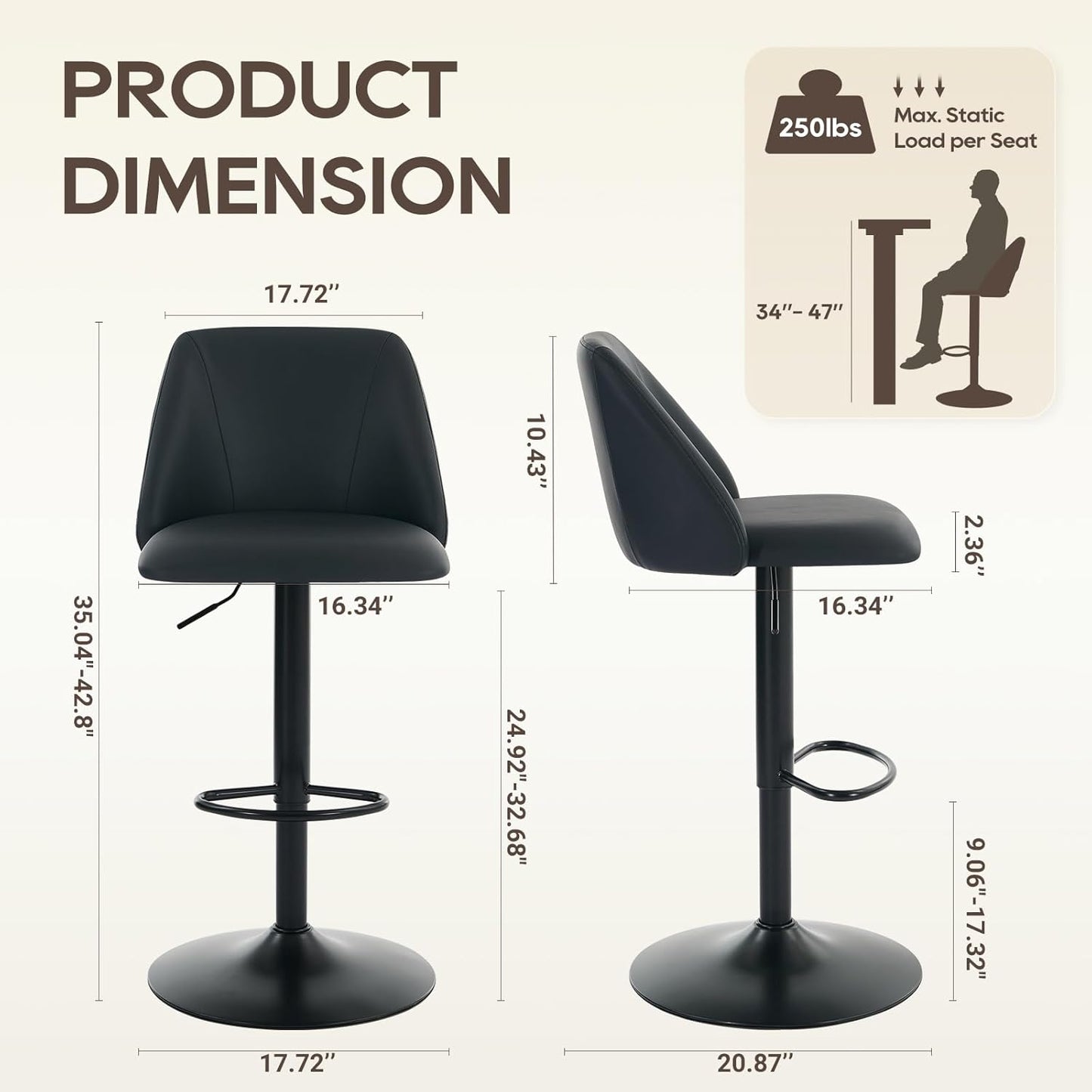COLAMY Bar Stools Set of 2, Modern Swivel Bar Chairs, Adjustable PU Leather Upholstered Barstools Counter Height with Full Backrest for Bar, Dining Room, Kitchen Island, Black