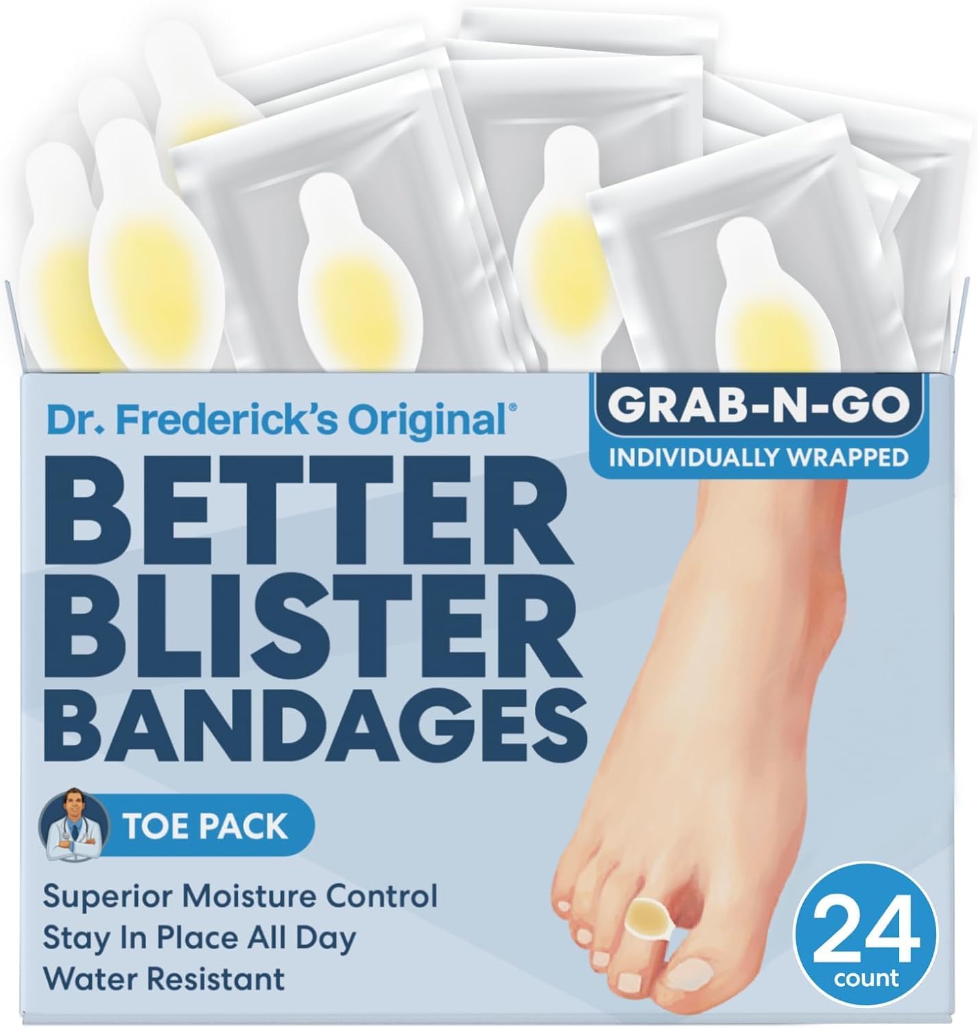 Dr. Frederick's Original Better Blister Bandages - 24 ct - Healing Blister Pads - Grab-N-Go - Water Resistant - 40% More Cushioning - Hydrocolloid - Feet, Toe, & Heel Blister Prevention - Toe Pack