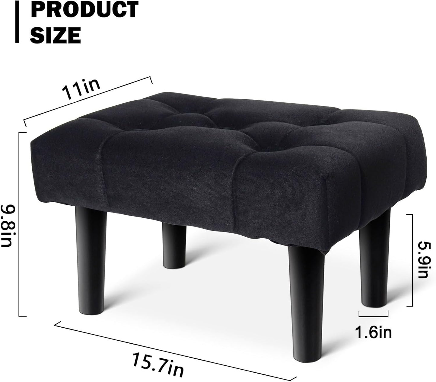 HOUCHICS Small Footstool Ottoman,Velvet Soft Footrest Ottoman with Wood Legs,Sofa Footrest Extra Seating for Living Room Entryway Office(Black 2PACK)