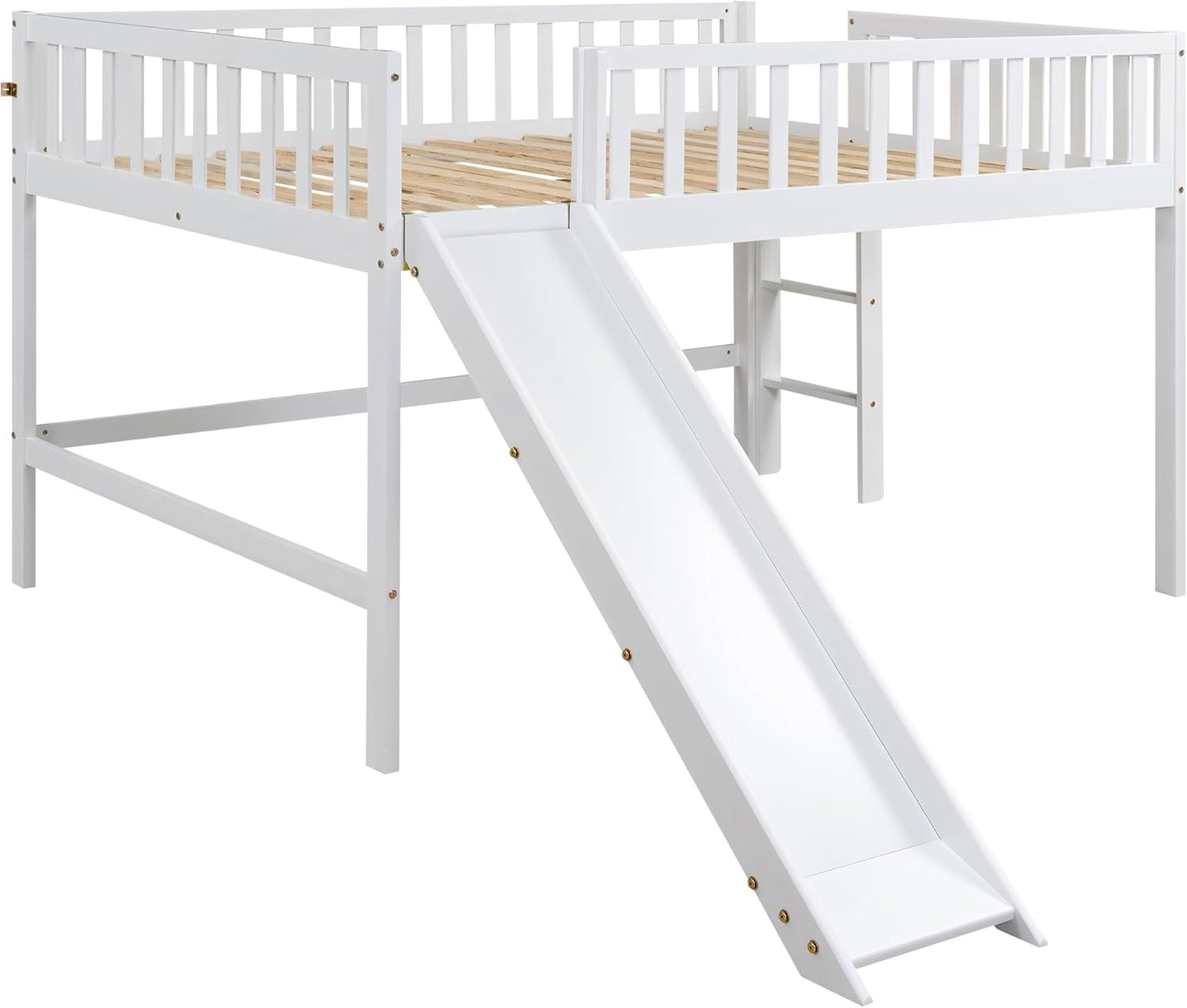 Full Size Low Loft Bed with Ladder and Slide,Vertical Design Wooden Bed Frame, for Kids and Young Teens, No Box Spring Required,Space-Saving,White