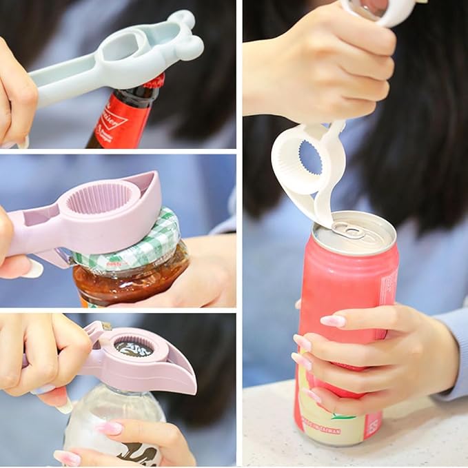 4 in 1 Beer Bottle Opener, 2023 New Multifunction Handheld Can Beer Opener for Jelly Jars Wine Beer Cans Sauce Bottles (Blue+White)