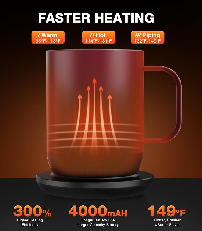 Kepwam Self Heating Coffee Mug T1-16oz Fast Heating & Ultra Long-Lasting Battery Life, Heated Coffee Mug Up to 149℉ - Touch & App Controlled Coffee Mug, Birthday Gifts for Women and Men