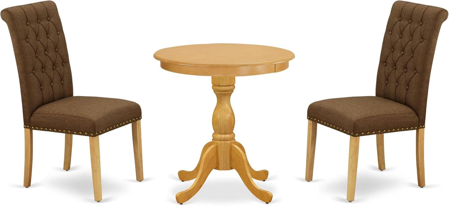 East West Furniture ESBR3-OAK-18 3 Piece Kitchen Table & Chairs Set Contains a Round Dining Room Table with Pedestal and 2 Brown Linen Linen Fabric Parsons Chairs, 30x30 Inch, Oak