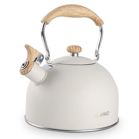 Tea Kettle, BELANKO 85 OZ / 2.5 Liter Whistling Tea Kettle Pots for Stove Top Food Grade Stainless Steel with Wood Pattern Folding Handle, Loud Whistle for Tea, Coffee, Milk - Milk White