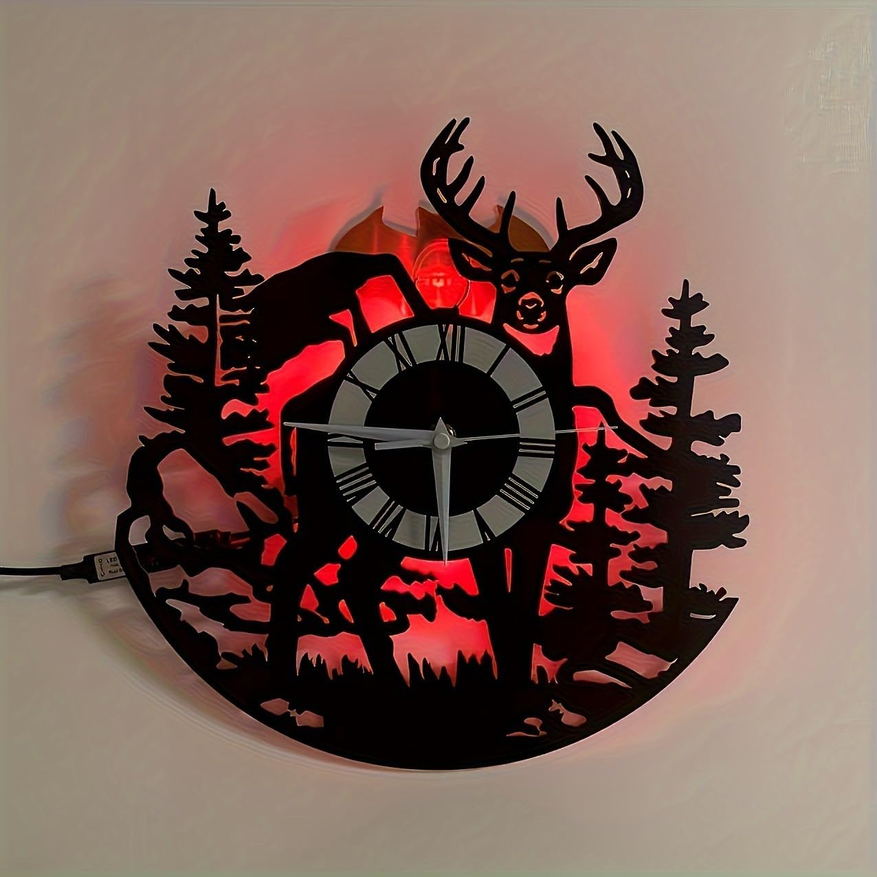 LED Backlit Wall Clock, Forest Wildlife Deer Scene, Color-Changing Night Light, 12-inch Roman Numeral Display