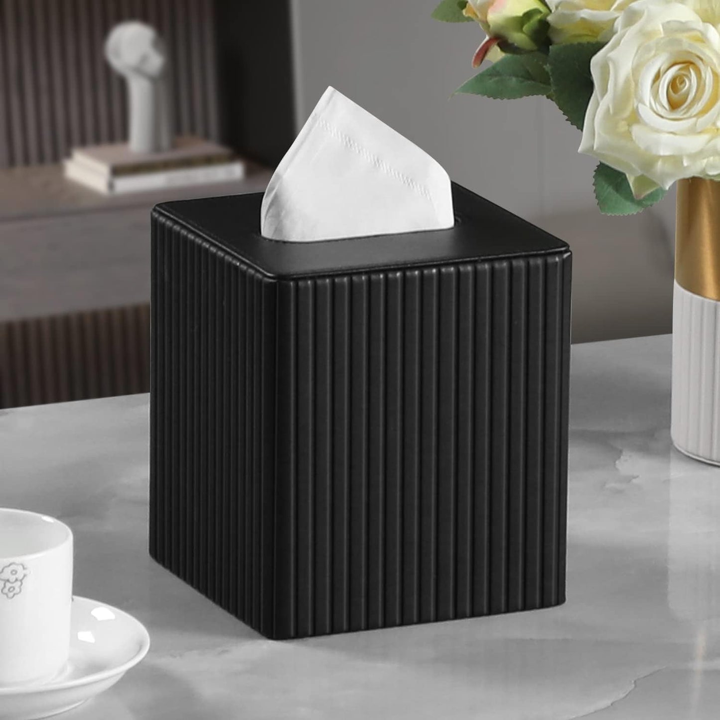 PU Leather Tissue Box Cover Square Tissue Box Holder with Magnetic Closure (Black Stripe)