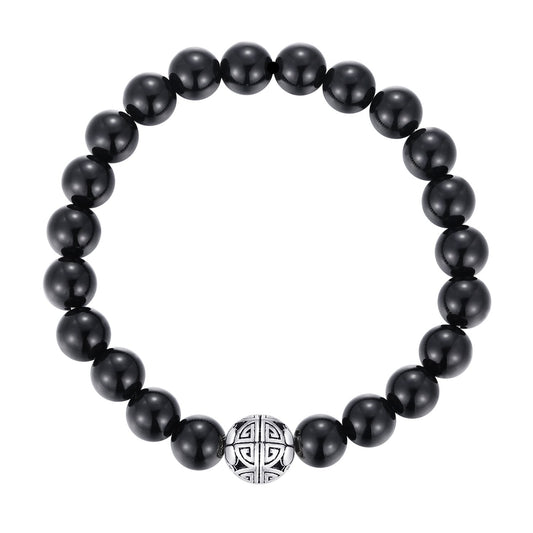 MetJakt Healing Crystals Beaded Bracelets for Womens Natural Gemstone 8mm Beads Stretch Bracelets with 925 Sterling Silver Double Happiness Pendant (Black Agate)