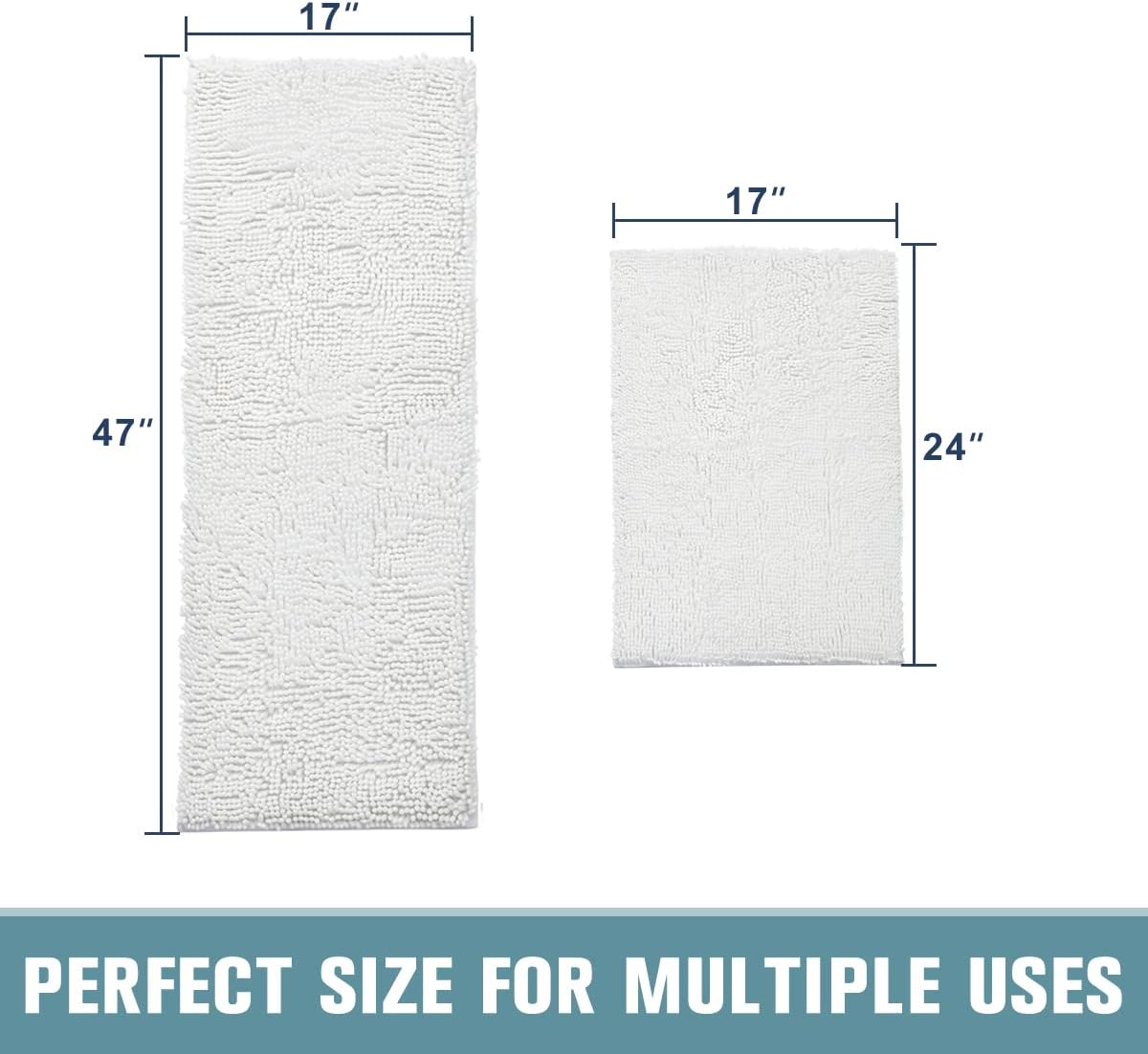SONORO KATE Bathroom Rug,Non-Slip Bath Mat,Soft Cozy Shaggy Thick Bath Rugs for Bathroom,Plush Rugs for Bathtubs,Water Absorbent Rain Showers and Under The Sink (White, 17" x 47" Plus 17" x 24")