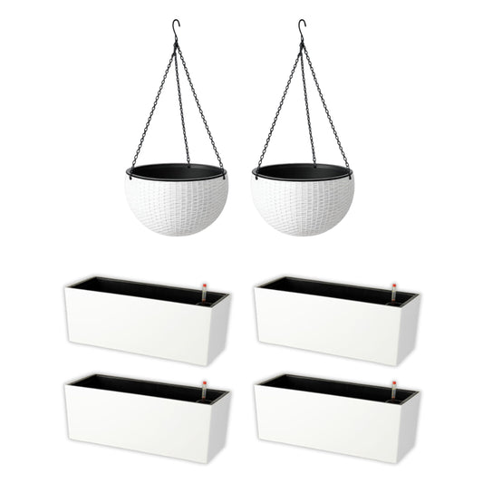 LaLaGreen Bundle- 4 Pack, 14 Inch Rectangular Self Watering Planter + 2 Pack, 11 Inch Round Self Watering Basket Rattan Style Balcony Flower Pot Window Wall Mount Plants Boxes Modern Home Garden Decor