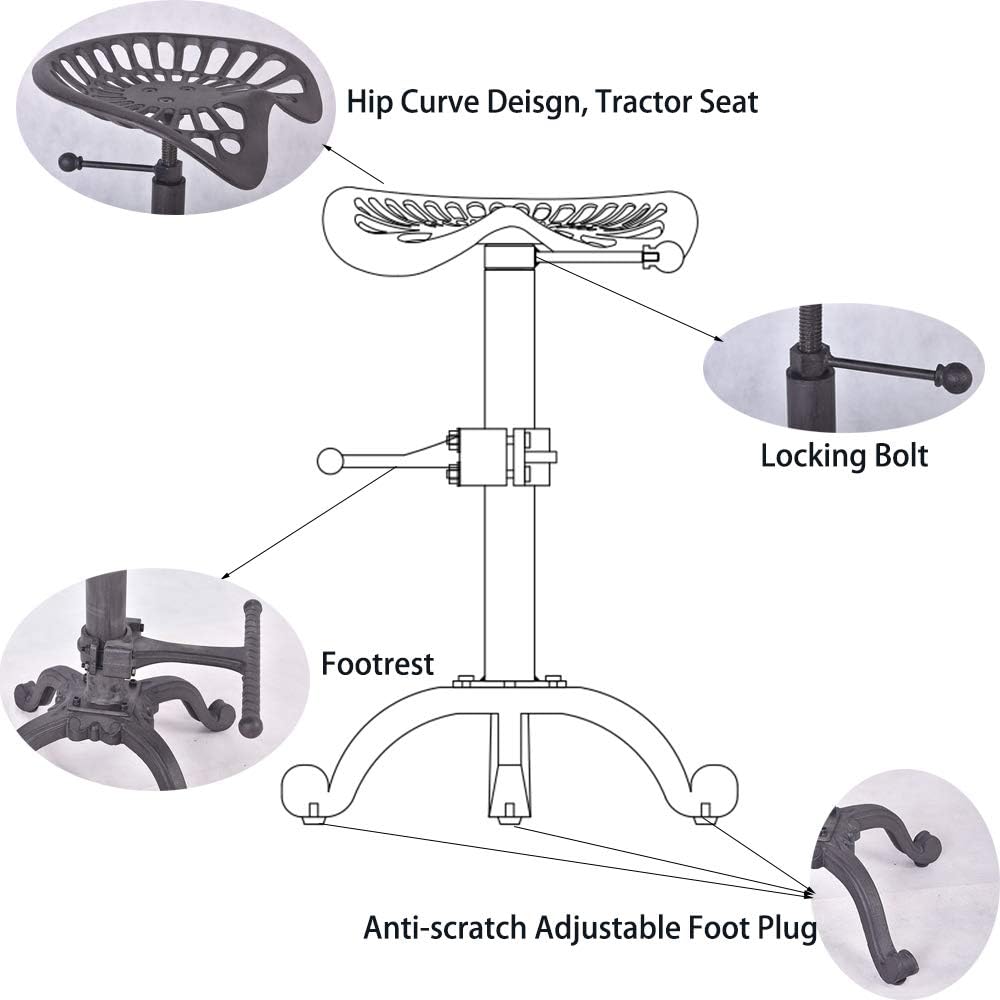 Industrial Bar Stool-Swivel Tractor Seat-Kitchen Dining Counter Chair-Extra Pub Height- Adjustable 24.8-31"-Iron Cast Design