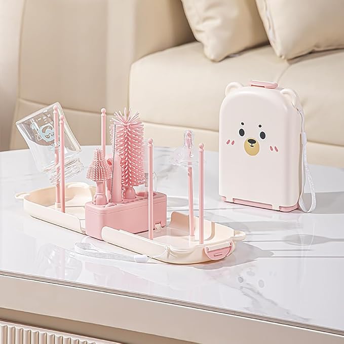 6 In1 Baby Bottle Brush Kit,Portable Silicone Bottle Brush Cleaner Set with Straw Brush,Nipple Brush,Drying Rack,Soap Dispenser,Storage Bag for Travel or Home,Stocking Stuffer(Pink)