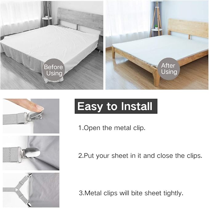 Foloda Bed Sheet Holders, 4 pcs Adjustable Fitted Sheet Straps for Bed Corner, bedsheet Holder Clips Fasteners Suspenders Locker Gripper Scrunchie, Keep Sheet in Place