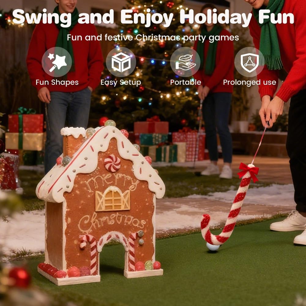Gingerbread Golf Game Set, 2026 New Christmas Mini Golf Course with Candy Cane Clubs 6 Balls, Funny Indoor Gingerbread House Golf Game Kit for Family Holiday Party (1set 1balls)