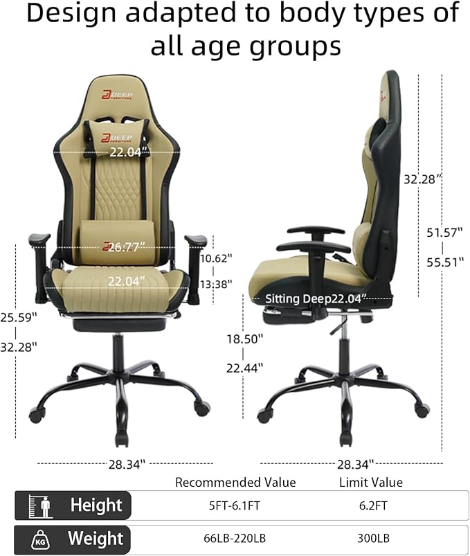 Video Game Chair with Footrest Ergonomic Comfortable Gaming Office Chair Height-Adjustable with a 360° Swivel Base and Headrest(1002-Beige)