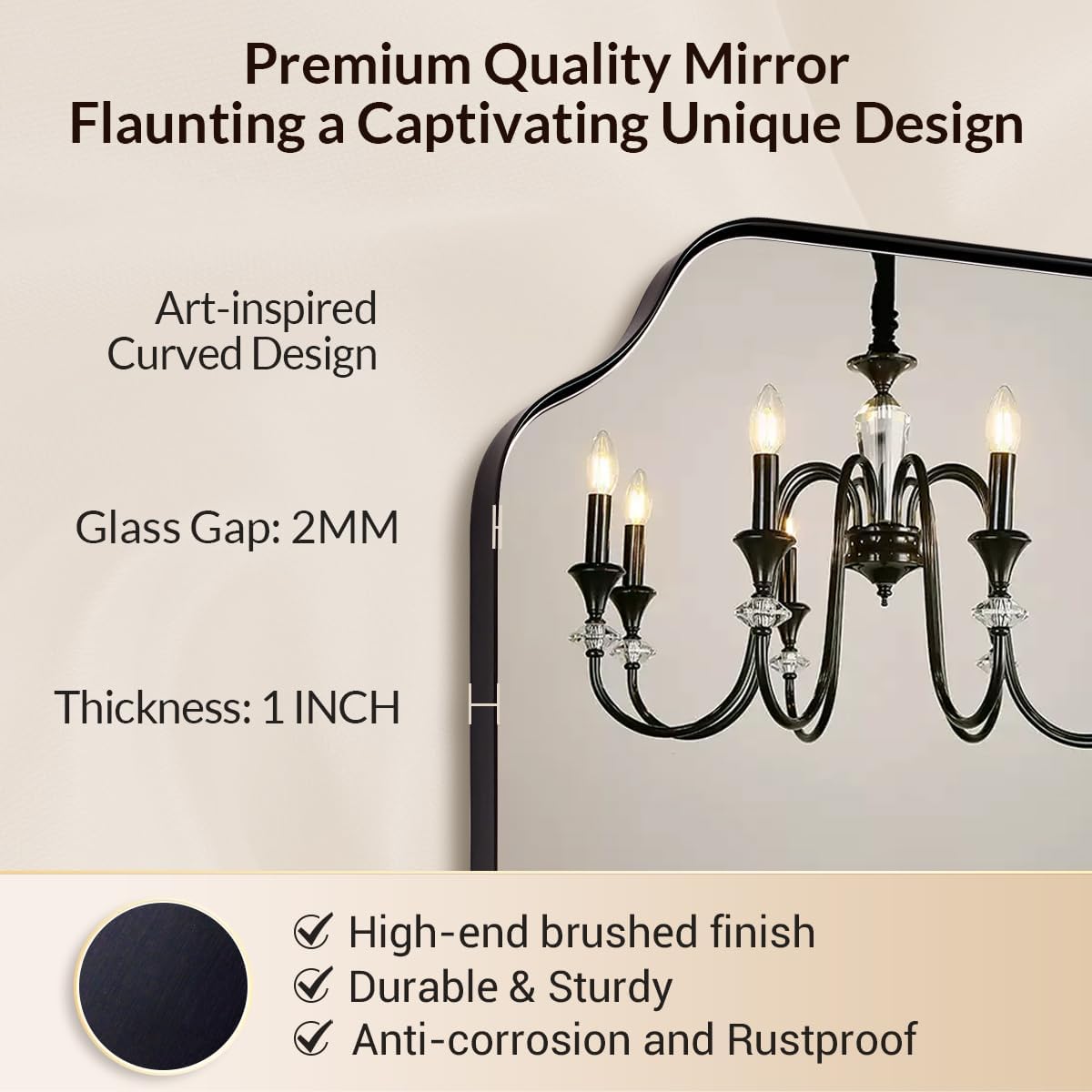 Black Wall Mirror, 24"x36" Black Scalloped Mirror, Unique Curved Edge Design, Anti-Rust SUS304 Frame, Hangs Vertical or Horizontal