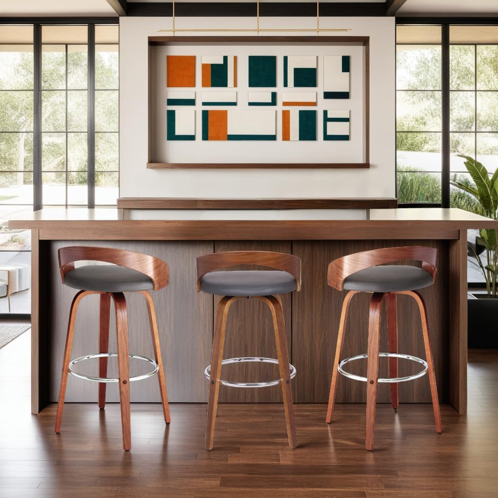 Armen Living Sonia 30" Bar Height Swivel Gray Faux Leather and Walnut Wood Bar Stool