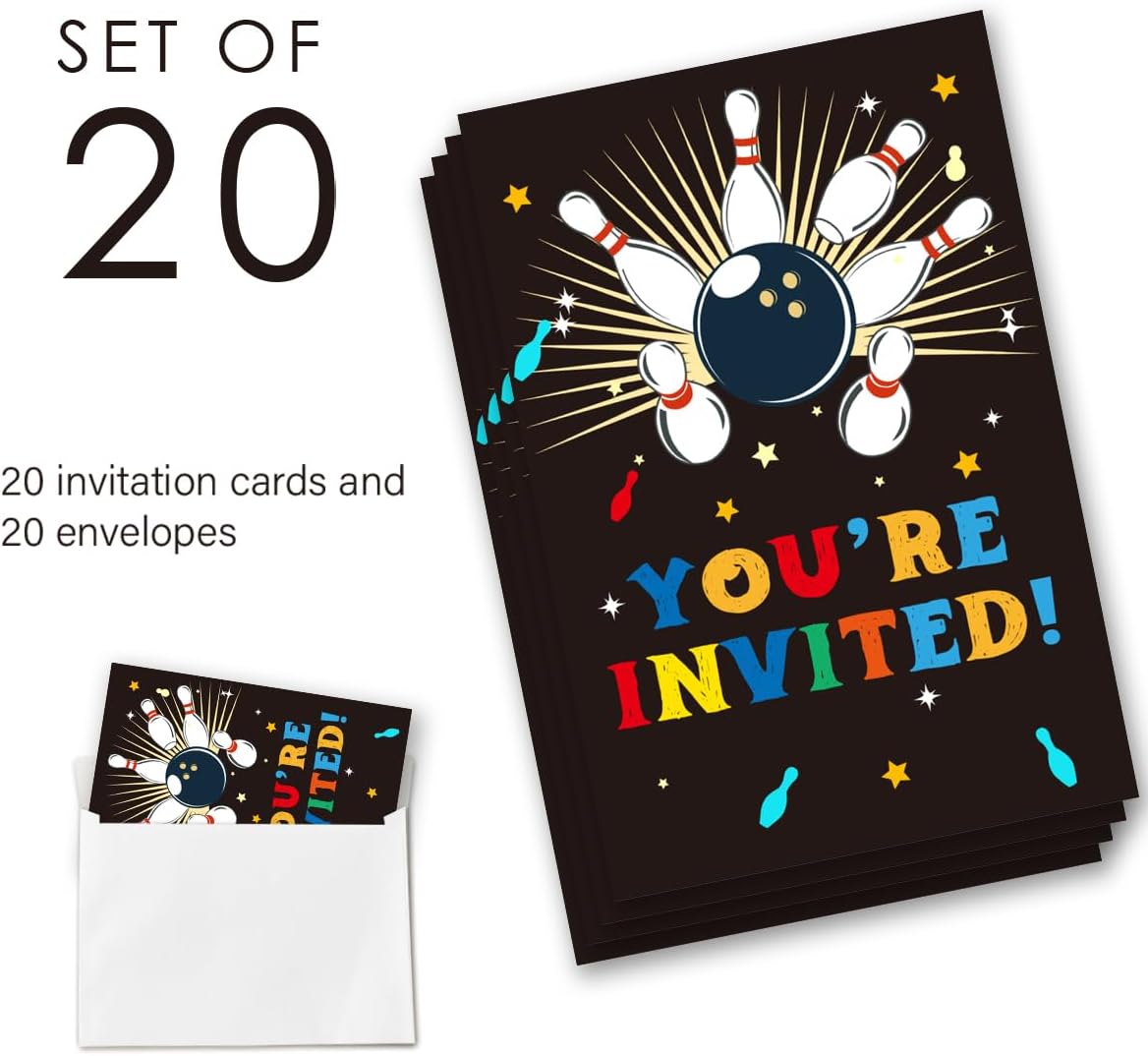 Bowling Birthday Party Invitations Supplies with Envelopes Set of 20 Bowling Theme Birthday Invites for Boys Fill in Blank, Double Sided